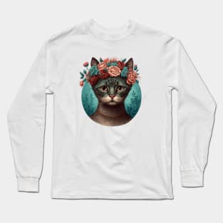 Frida Cathlo Cat with Flowers on their Head Long Sleeve T-Shirt